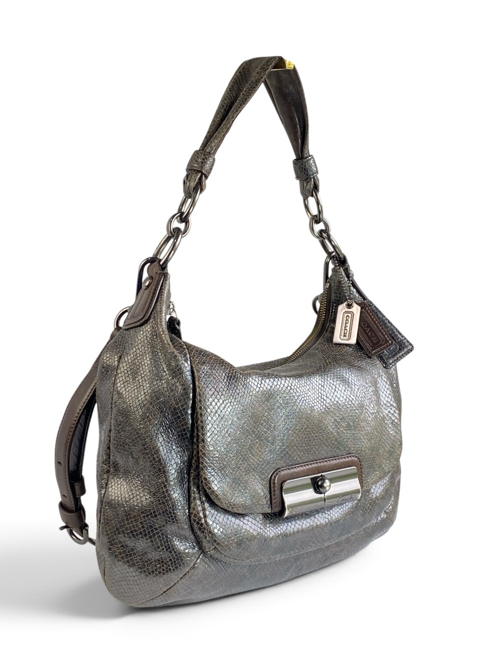 Coach Python Embossed Kristin Metallic Shoulder Hobo Bag